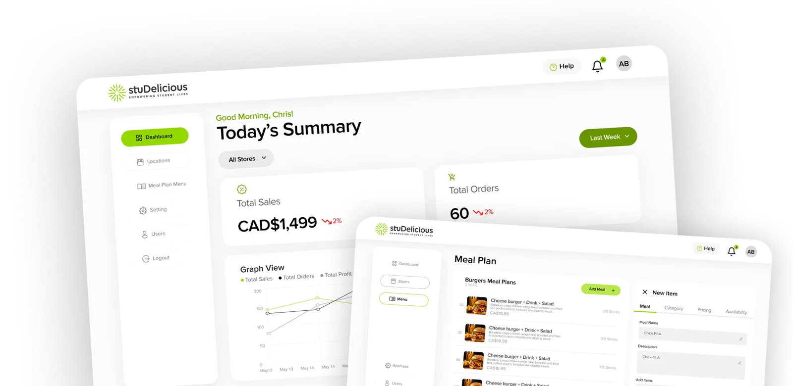 stuDelicious vendor dashboard — Today's Summary and Meal Plan