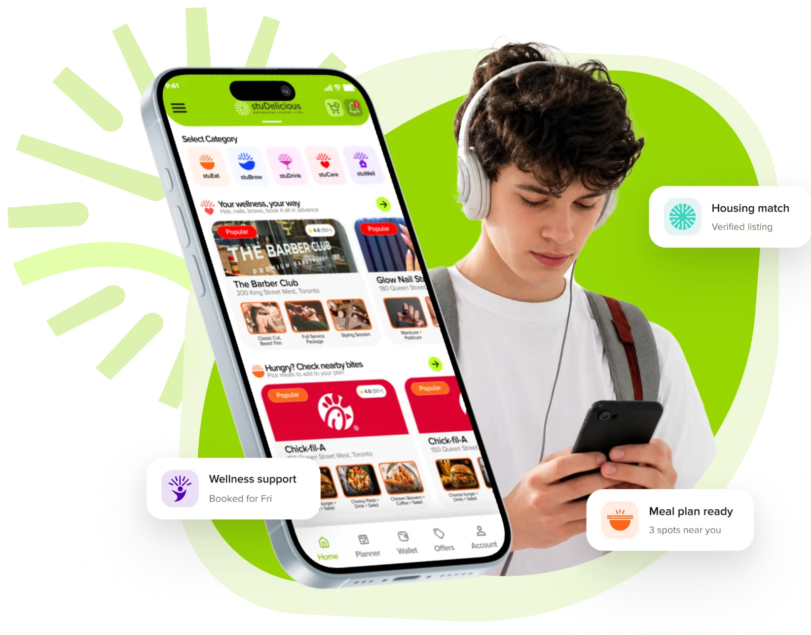 Student browsing the stuDelicious app — housing match, meal plan and wellness support in one place