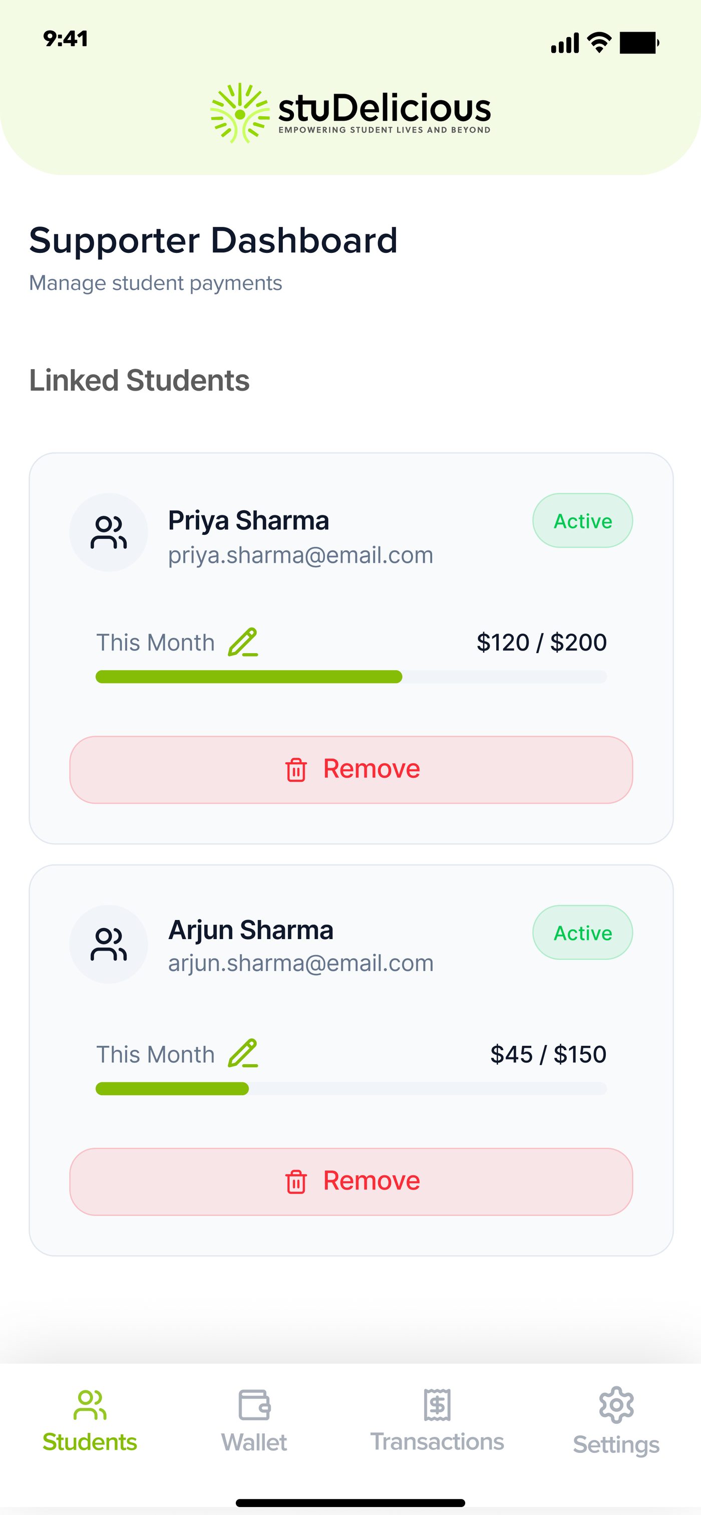 Manage supporters screen